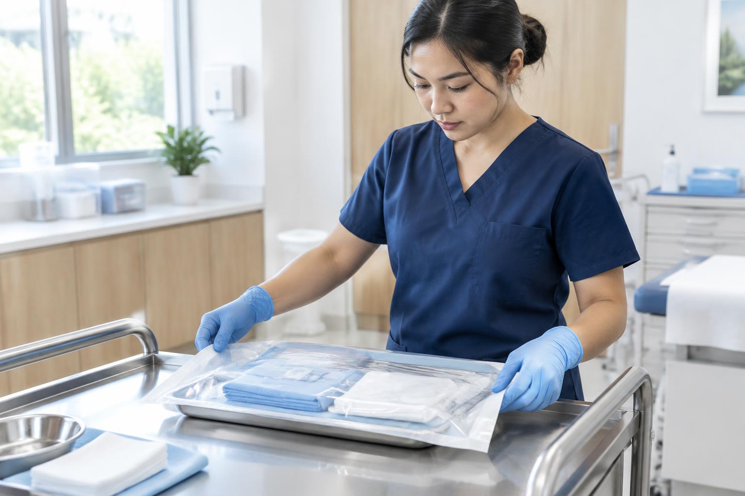 A medical team member checking a sealed procedure kit