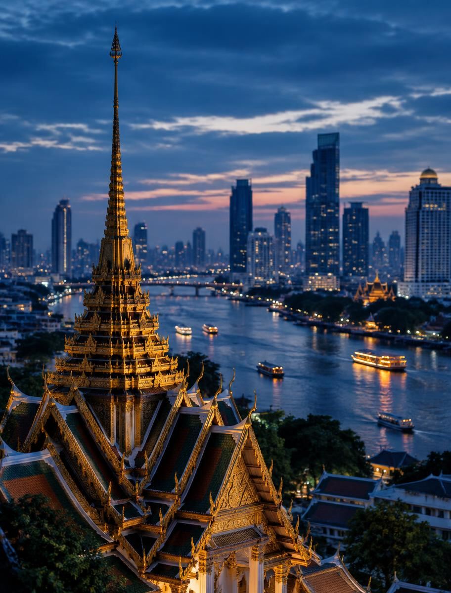 Traditional Thai temple roof above the Chao Phraya River with the Bangkok skyline at dusk