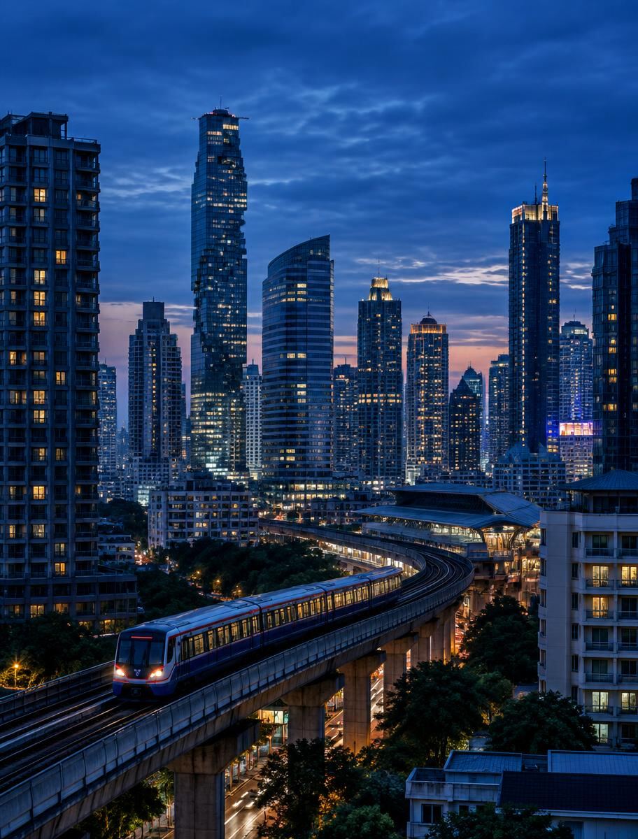 Bangkok skyline with an elevated skytrain track at dusk